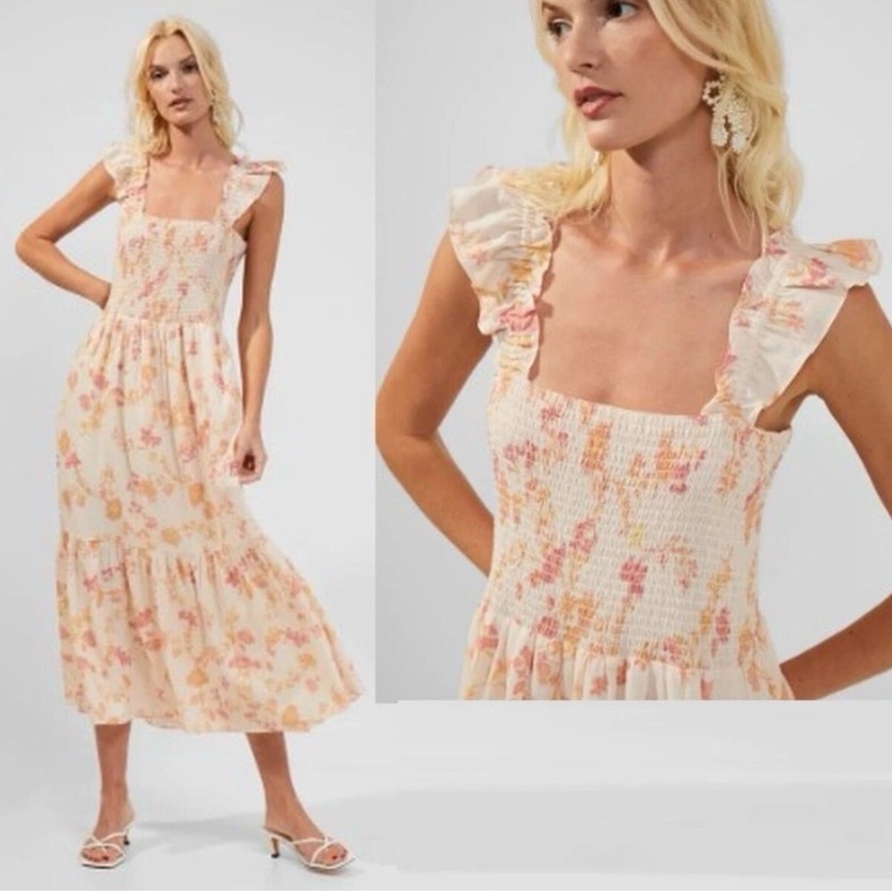 French Connection Diana Verona Drape Smocked Tiered Floral Cottagecore Dress S